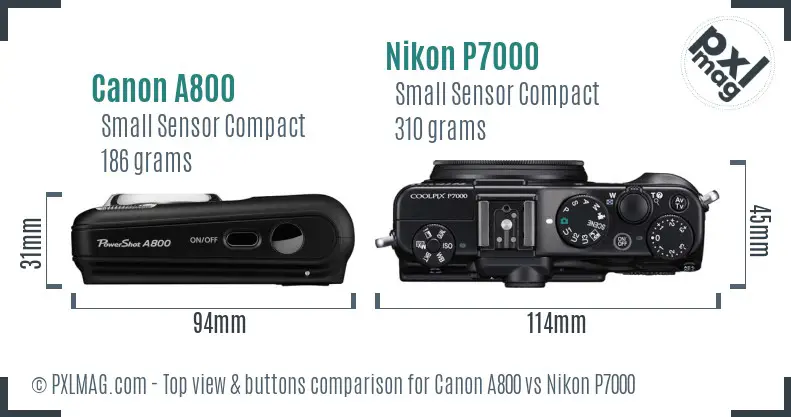 Canon A800 vs Nikon P7000 top view buttons comparison