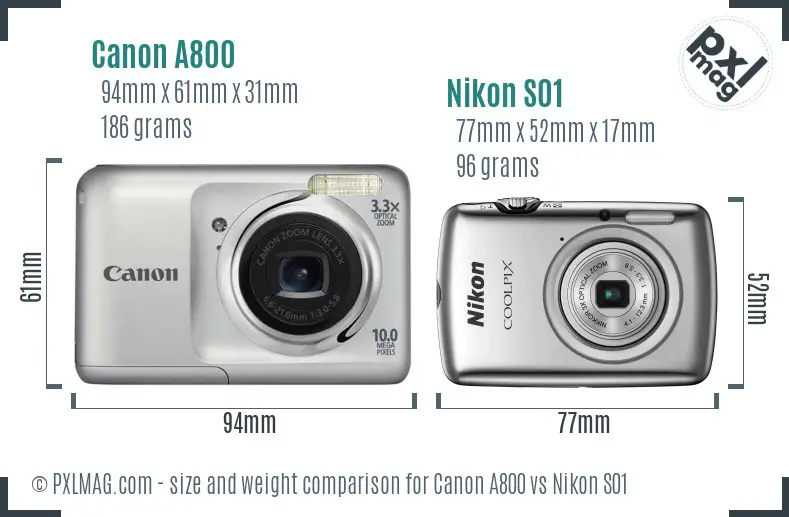 Canon A800 vs Nikon S01 size comparison