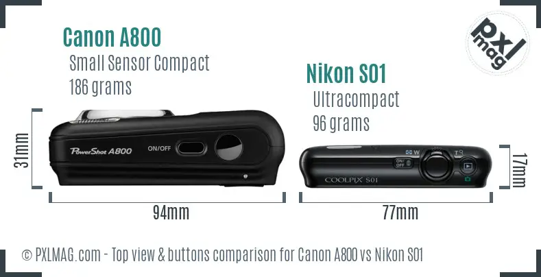 Canon A800 vs Nikon S01 top view buttons comparison