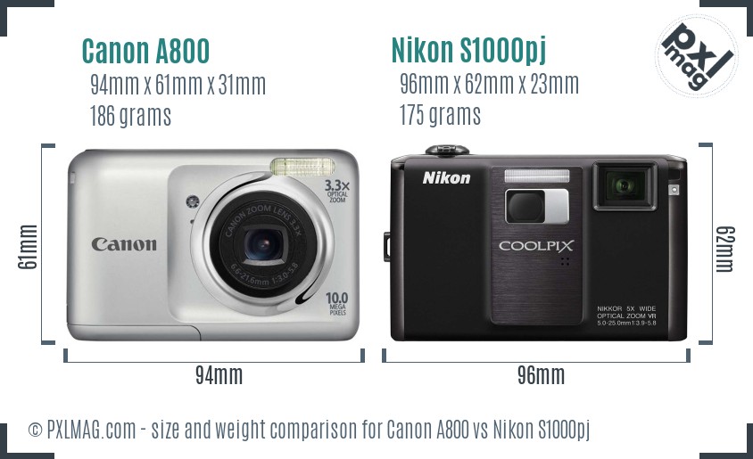 Canon A800 vs Nikon S1000pj size comparison