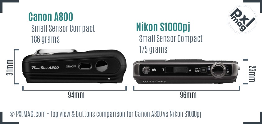 Canon A800 vs Nikon S1000pj top view buttons comparison