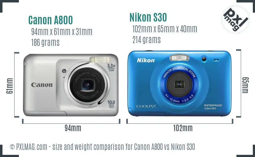 Canon A800 vs Nikon S30 size comparison
