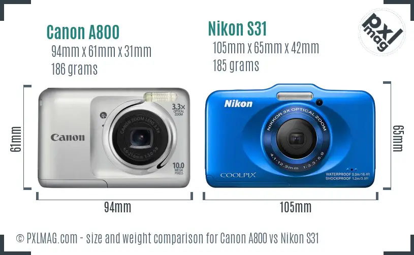 Canon A800 vs Nikon S31 size comparison