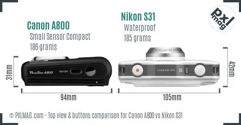 Canon A800 vs Nikon S31 top view buttons comparison