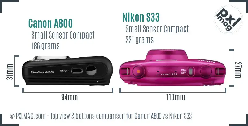 Canon A800 vs Nikon S33 top view buttons comparison Canon A800 vs Nikon S33 top view buttons comparison
