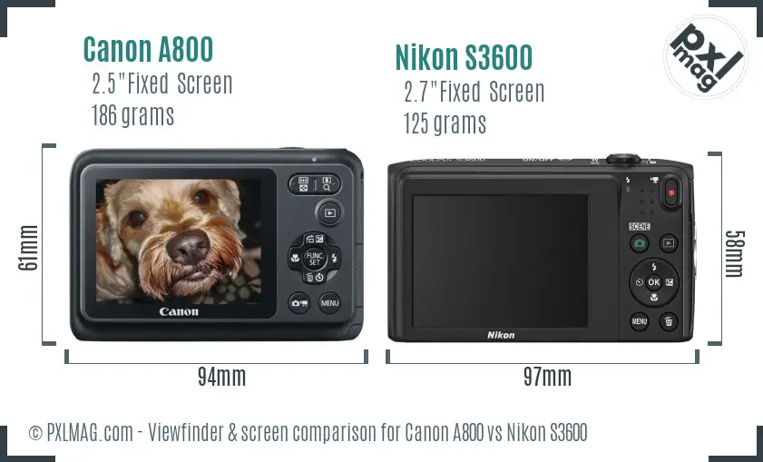 Canon A800 vs Nikon S3600 Screen and Viewfinder comparison
