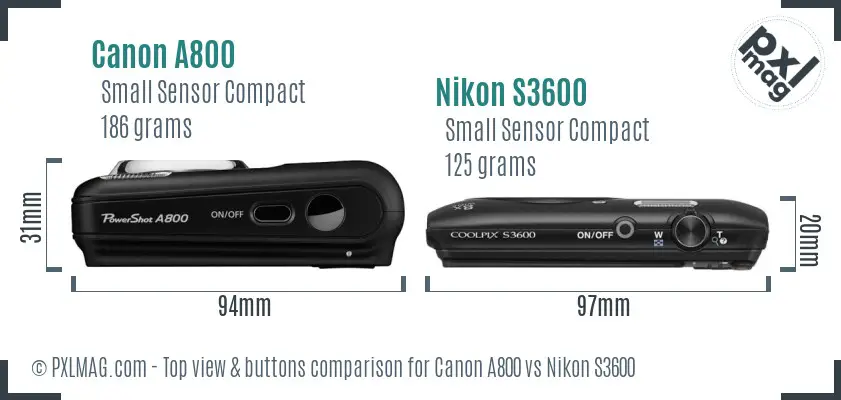 Canon A800 vs Nikon S3600 top view buttons comparison