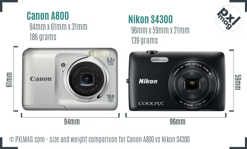Canon A800 vs Nikon S4300 size comparison