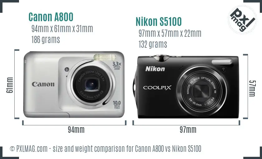 Canon A800 vs Nikon S5100 size comparison