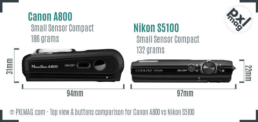 Canon A800 vs Nikon S5100 top view buttons comparison