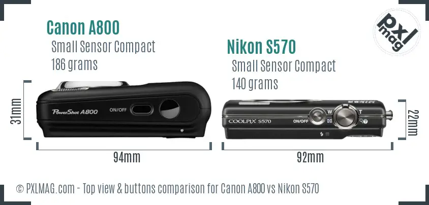 Canon A800 vs Nikon S570 top view buttons comparison Canon A800 vs Nikon S570 top view buttons comparison