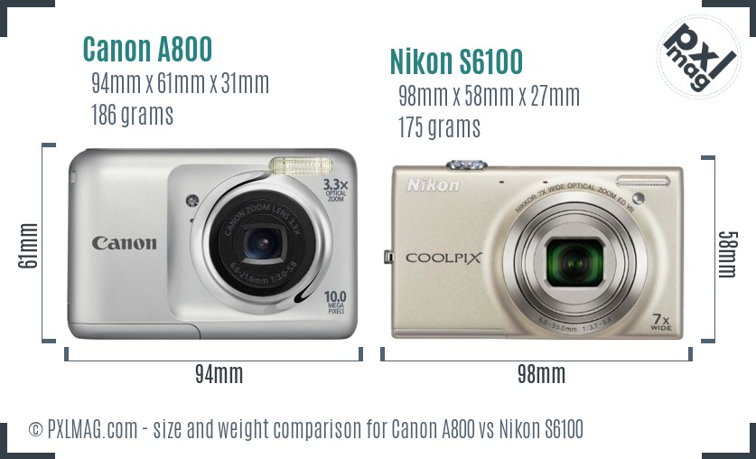 Canon A800 vs Nikon S6100 size comparison