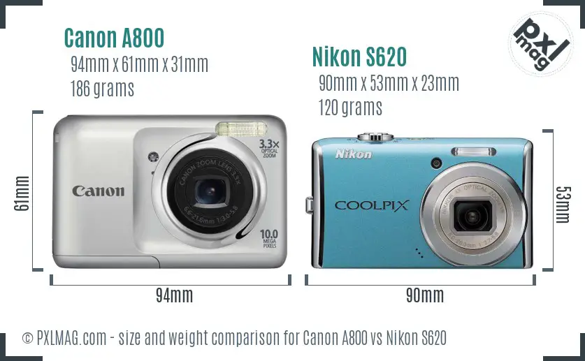 Canon A800 vs Nikon S620 size comparison