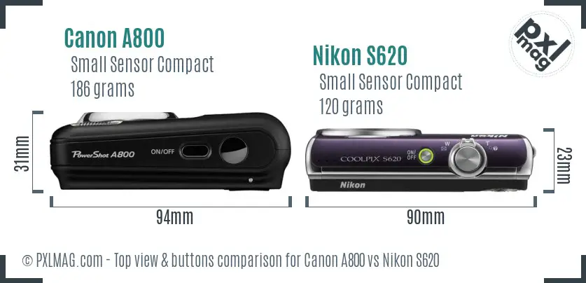 Canon A800 vs Nikon S620 top view buttons comparison