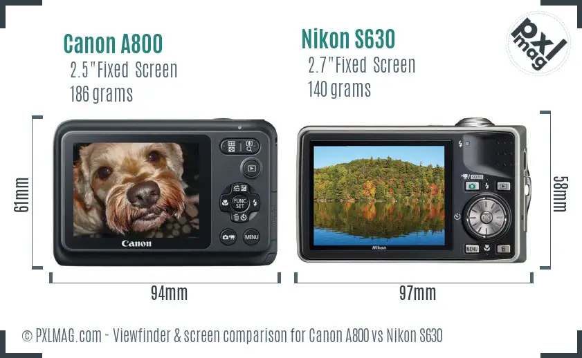 Canon A800 vs Nikon S630 Screen and Viewfinder comparison