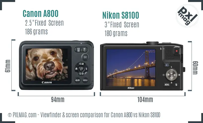 Canon A800 vs Nikon S8100 Screen and Viewfinder comparison