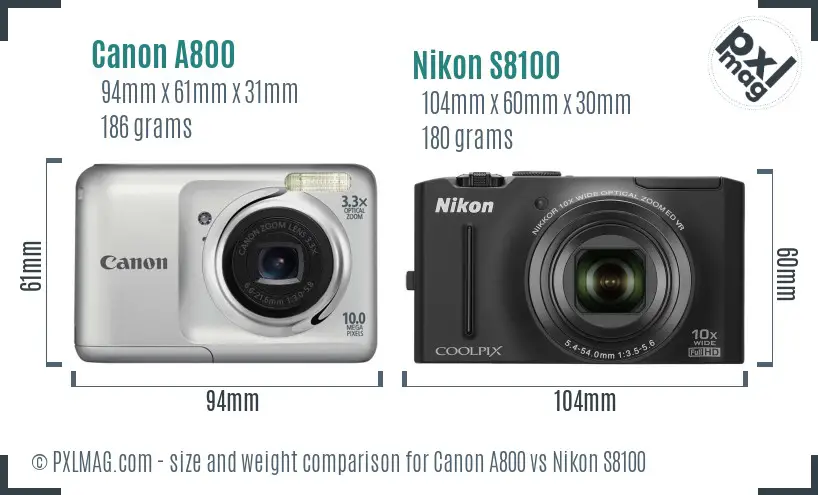 Canon A800 vs Nikon S8100 size comparison