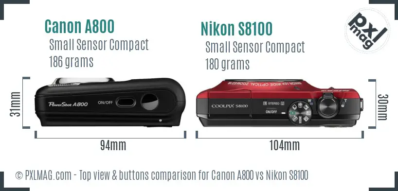 Canon A800 vs Nikon S8100 top view buttons comparison