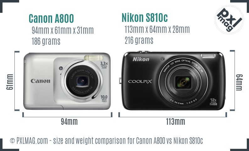 Canon A800 vs Nikon S810c size comparison