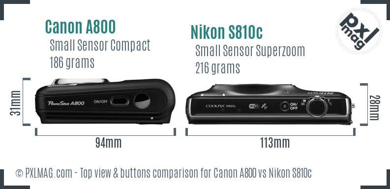 Canon A800 vs Nikon S810c top view buttons comparison