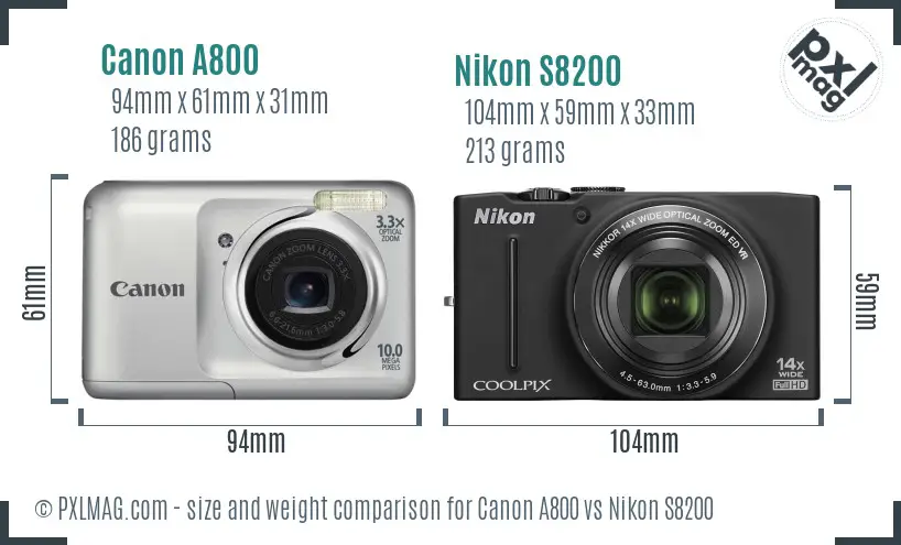 Canon A800 vs Nikon S8200 size comparison