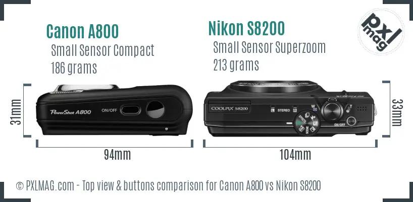 Canon A800 vs Nikon S8200 top view buttons comparison