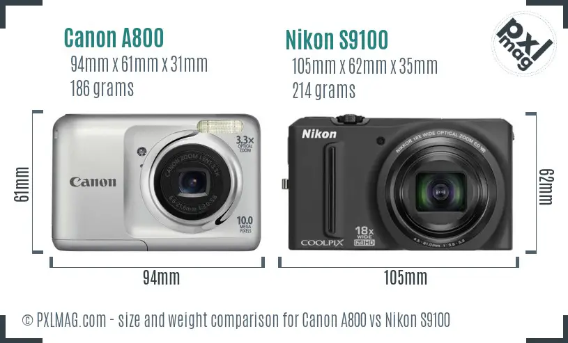 Canon A800 vs Nikon S9100 size comparison
