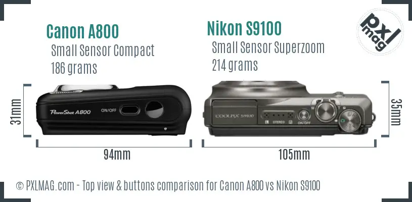 Canon A800 vs Nikon S9100 top view buttons comparison