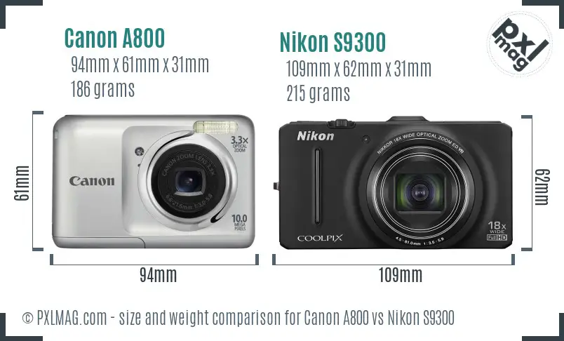 Canon A800 vs Nikon S9300 size comparison