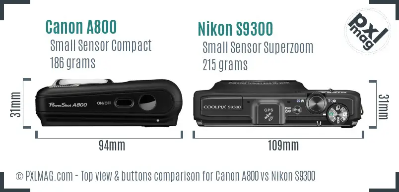 Canon A800 vs Nikon S9300 top view buttons comparison