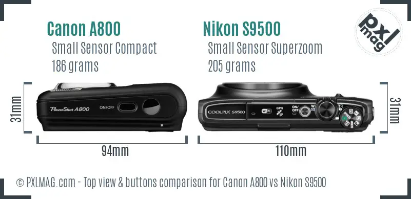 Canon A800 vs Nikon S9500 top view buttons comparison Canon A800 vs Nikon S9500 top view buttons comparison