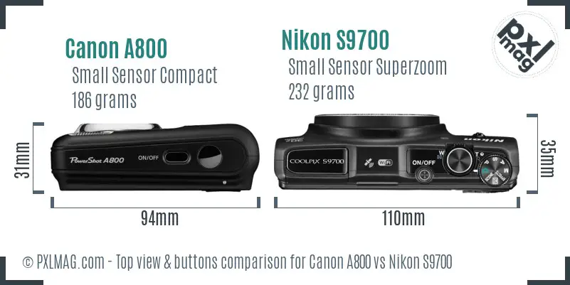 Canon A800 vs Nikon S9700 top view buttons comparison Canon A800 vs Nikon S9700 top view buttons comparison