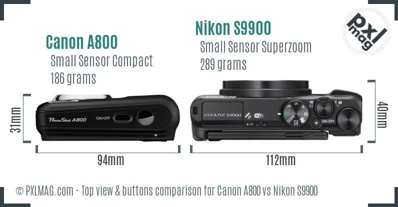 Canon A800 vs Nikon S9900 top view buttons comparison