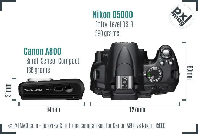 Canon A800 vs Nikon D5000 top view buttons comparison