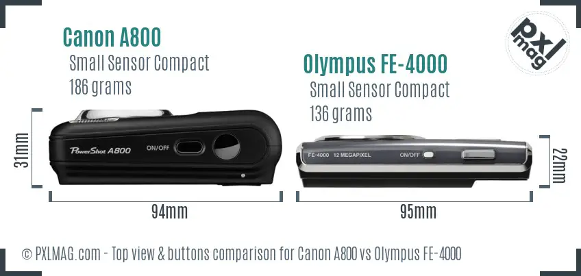 Canon A800 vs Olympus FE-4000 top view buttons comparison