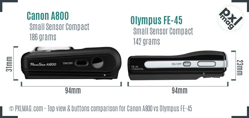 Canon A800 vs Olympus FE-45 top view buttons comparison