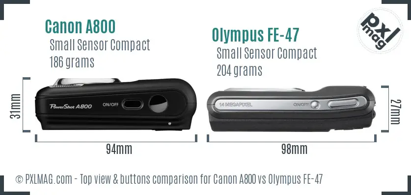 Canon A800 vs Olympus FE-47 top view buttons comparison