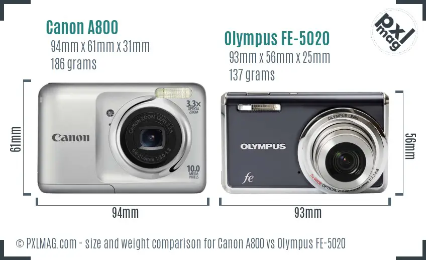 Canon A800 vs Olympus FE-5020 size comparison