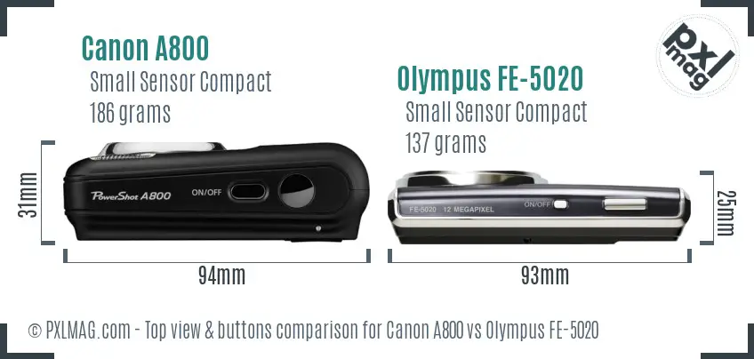 Canon A800 vs Olympus FE-5020 top view buttons comparison