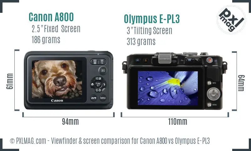 Canon A800 vs Olympus E-PL3 Screen and Viewfinder comparison