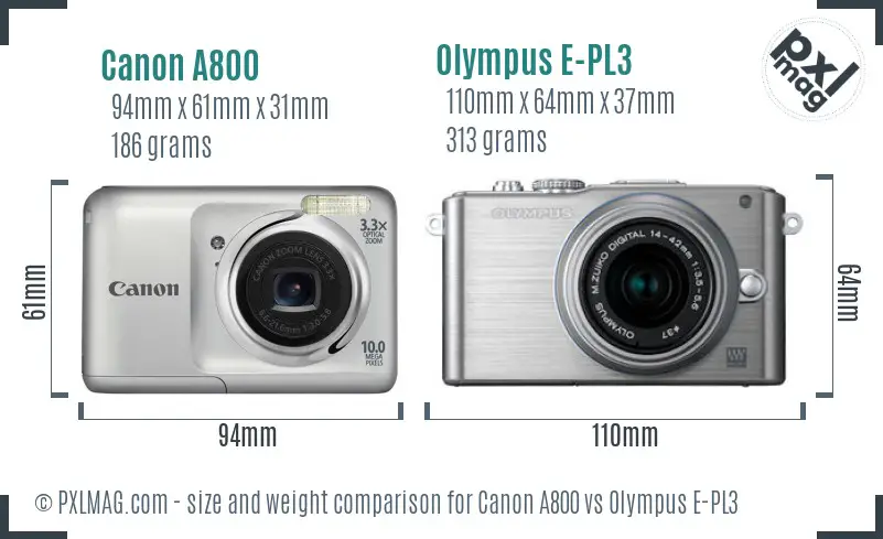 Canon A800 vs Olympus E-PL3 size comparison