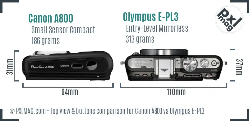 Canon A800 vs Olympus E-PL3 top view buttons comparison