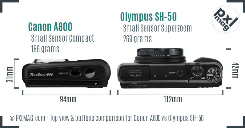 Canon A800 vs Olympus SH-50 top view buttons comparison