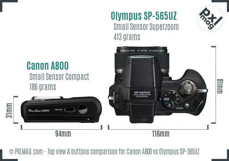 Canon A800 vs Olympus SP-565UZ top view buttons comparison Canon A800 vs Olympus SP-565UZ top view buttons comparison