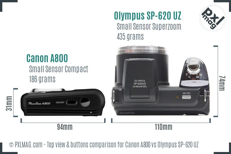 Canon A800 vs Olympus SP-620 UZ top view buttons comparison Canon A800 vs Olympus SP-620 UZ top view buttons comparison