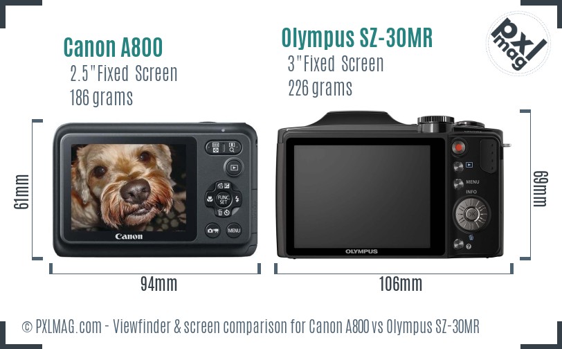 Canon A800 vs Olympus SZ-30MR Screen and Viewfinder comparison