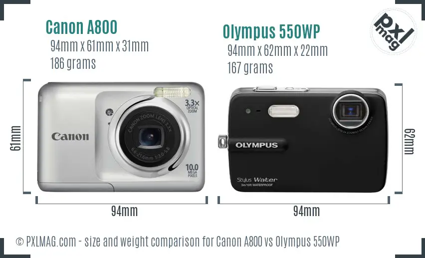 Canon A800 vs Olympus 550WP size comparison