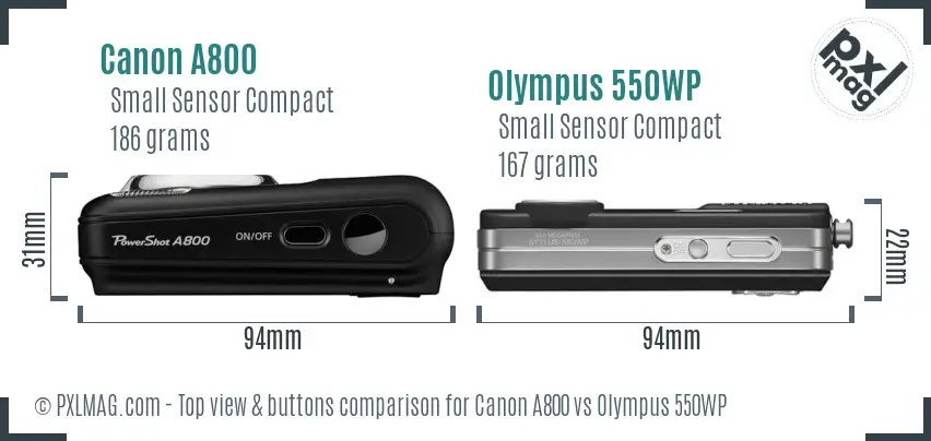 Canon A800 vs Olympus 550WP top view buttons comparison