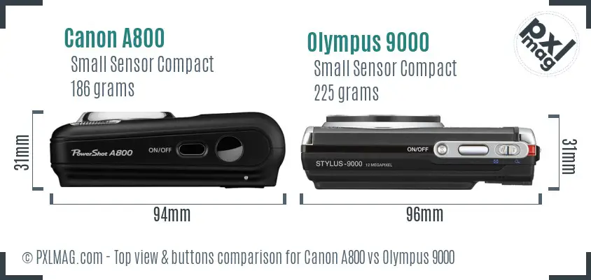 Canon A800 vs Olympus 9000 top view buttons comparison