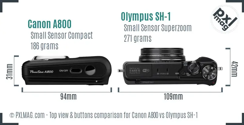 Canon A800 vs Olympus SH-1 top view buttons comparison